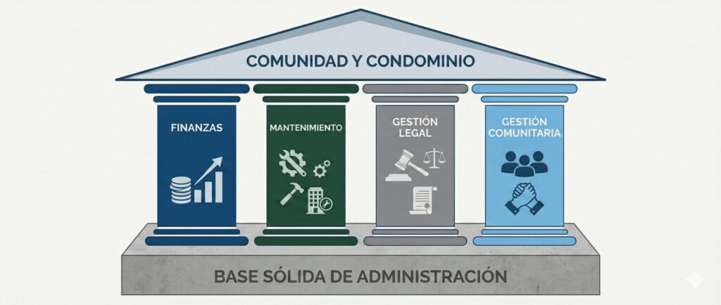 Los 4 Pilares Fundamentales de la Administración de Condominios: Finanzas, Mantenimiento, Legal y Comunidad